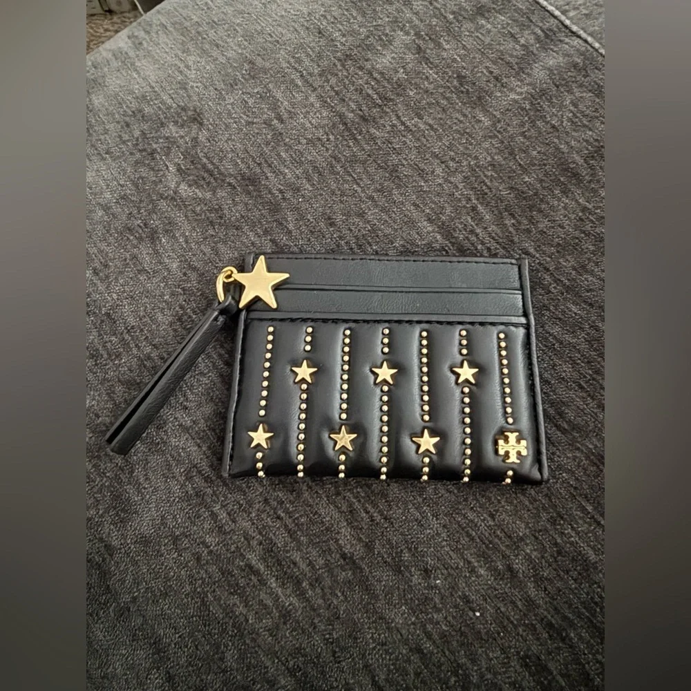 Tory Burch Black leather Card Holder with Gold Star Accents